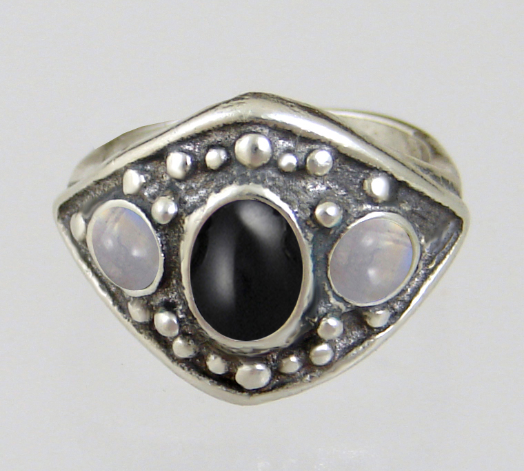 Sterling Silver Medieval Lady's Ring with Black Onyx And Rainbow Moonstone Size 8